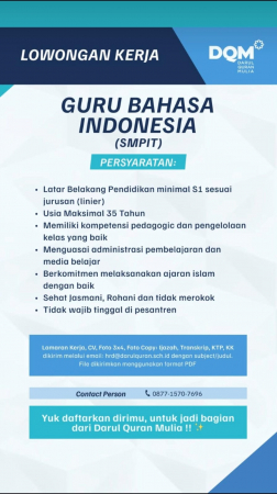 Kesempatan Guru Bahasa Indonesia di SMPIT Daarul Quran Mulia