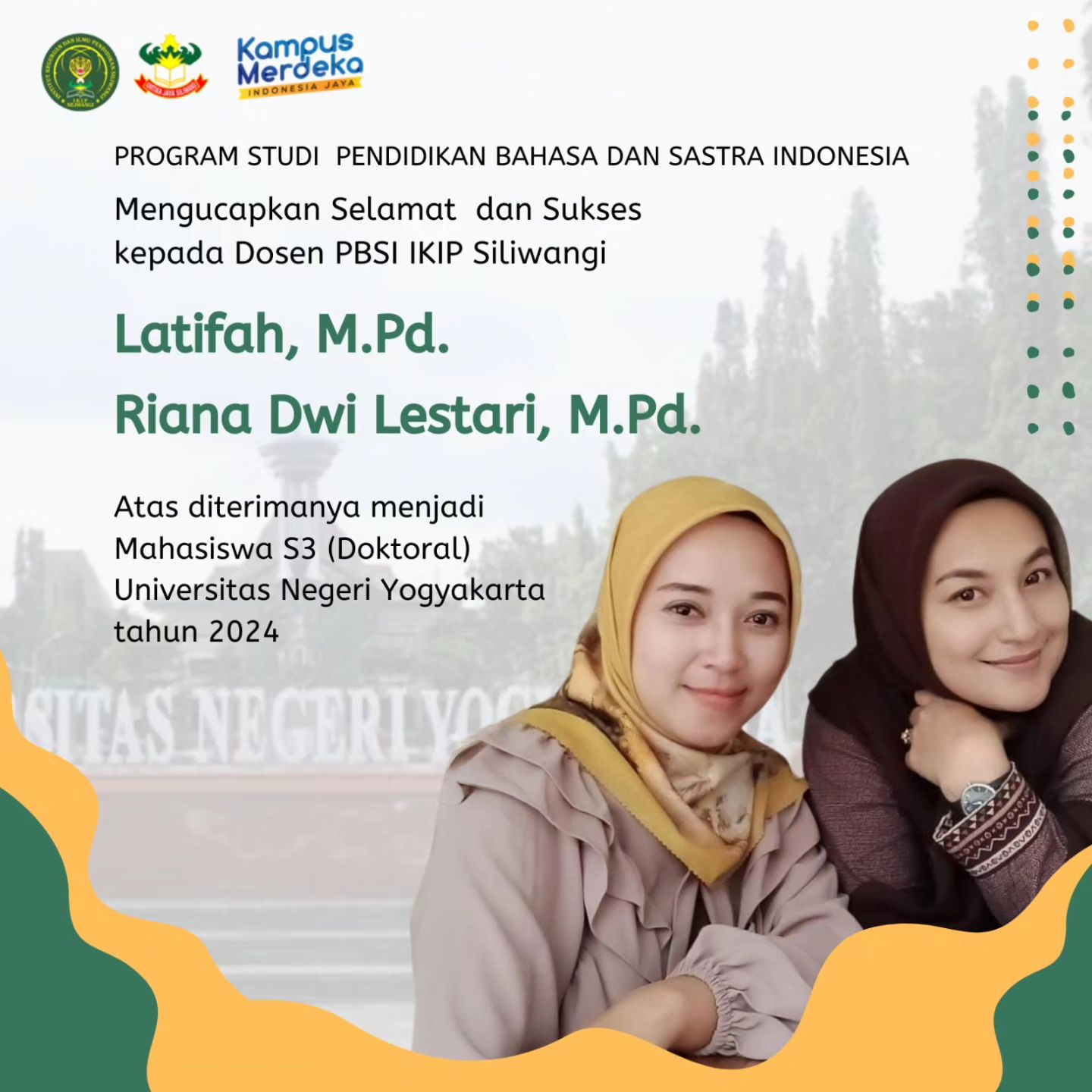 Haloo Indonesia ???

Kami ucapkan selamat kepada Ibu Latifah M.Pd. dan Ibu Riana Dwi Lestari, M.Pd. dosen Prodi Pendidikan Bahasa Indonesia ...